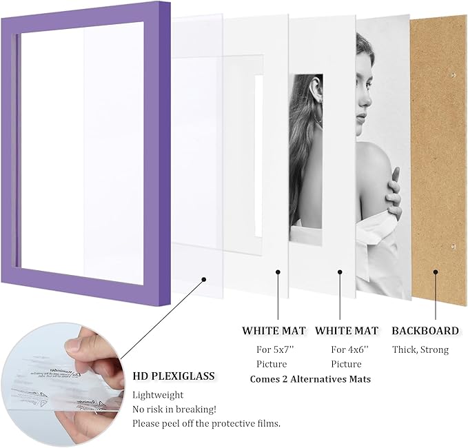Egofine 8x10 Picture Frame Made of Solid Wood Covered by Plexiglass, Display Pictures 4x6/5x7 with Mat or 8x10 Without Mat for Table Top Display and Wall Mounting Photo Frame, Purple