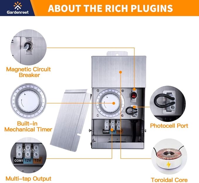 Black Brass Landscape Lighting Kit (4-Pack LED Spotlights) with Low Voltage Transformer 75W and Mechanical Timer and 100FT Cable and 20Pack Wire Connectors for Outdoor Garden Patio