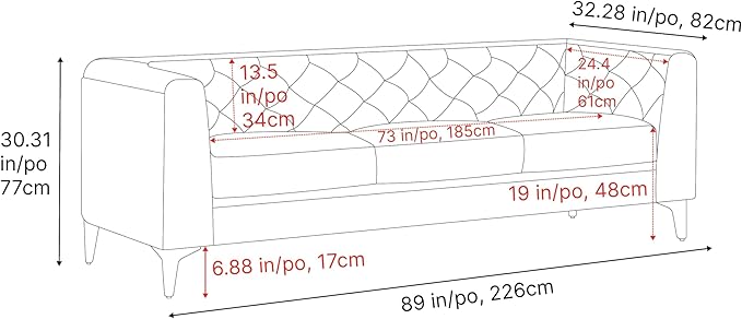Valencia Avery Leather Couch 89" | Top Grain Nappa 11000 Leather 3 Seater with Tufted Back, Solid Wood Frame, Plush Cushioning, Saddle Tan