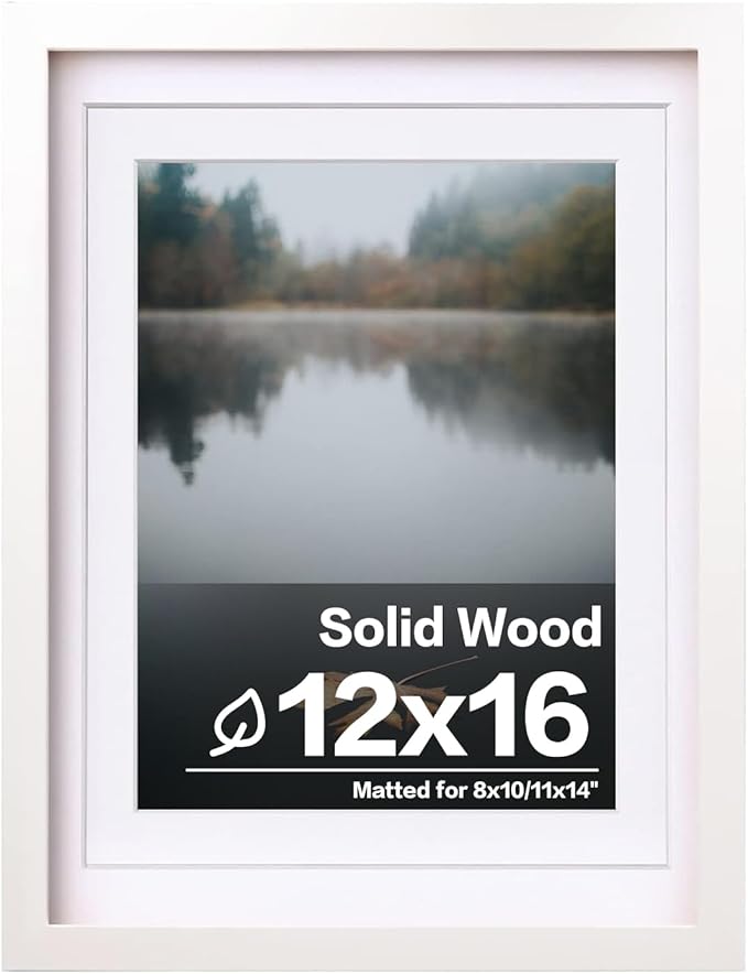 Egofine 12x16 Picture Frame White Covered by Plexiglass Made of Solid Wood, Display Pictures 9x12 and 11x14 with Mat or 12x16 Without Mat for Wall Mounting