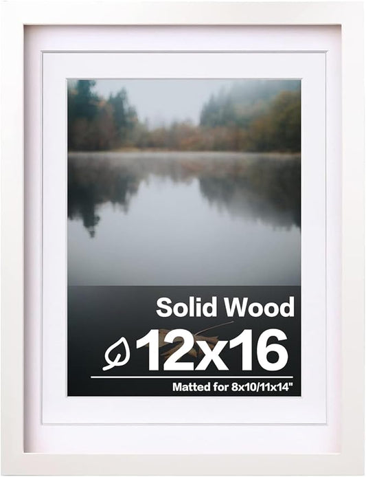Egofine 12x16 Picture Frame White Covered by Plexiglass Made of Solid Wood, Display Pictures 9x12 and 11x14 with Mat or 12x16 Without Mat for Wall Mounting
