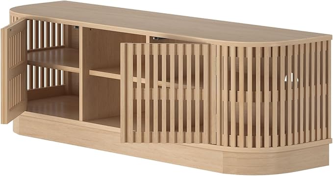 Plank+Beam Contour Wood TV Stand, Solid Wood Entertainment Console with Storage, 59" L x 16" W x 19" H, Blonde