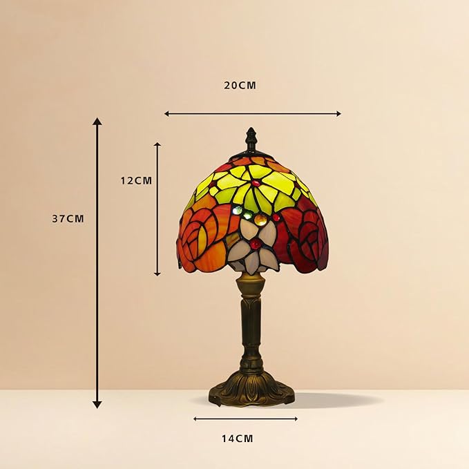 Small Tiffany Table Lamp 8" Flower Design Stained Glass Shade Red Yellow Floral Multi-Color 14.6" Tall Vintage Bedside Light for Living Room Sofa Side Bedroom nightstand