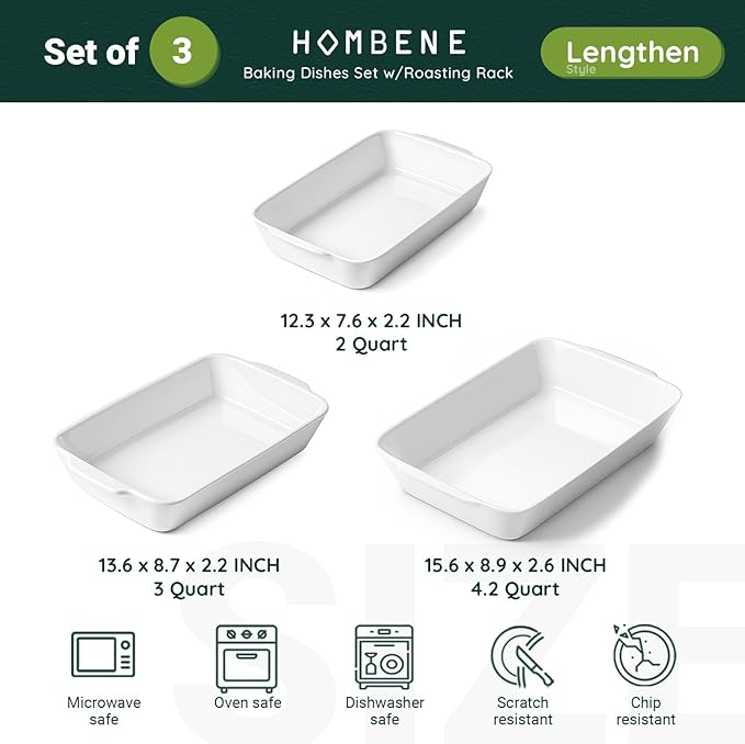Casserole Dishes for Oven, Ceramic Baking Dishes Set of 3 with Roasting Racks, Rectangular Lasagna Pan with Handles for Baking, Gift, Dinner Microwave Oven Safe（2QT/3QT/4.2QT）