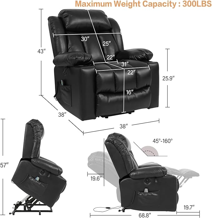 PARKOL Power Lift Recliner Chair for Elderly Breathable Leather Recliner Chair with Massage and Heat,2 Cup Holders,Electric Stand Assist,USB Ports,Gifts for Family (Black)