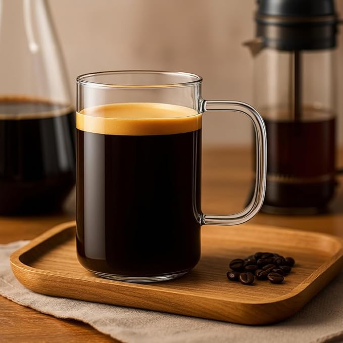 Aquach 4pcs 18 oz Clear Glass Coffee Mugs with Handle - Large Cups for Coffee, Tea, Latte, Cappuccino