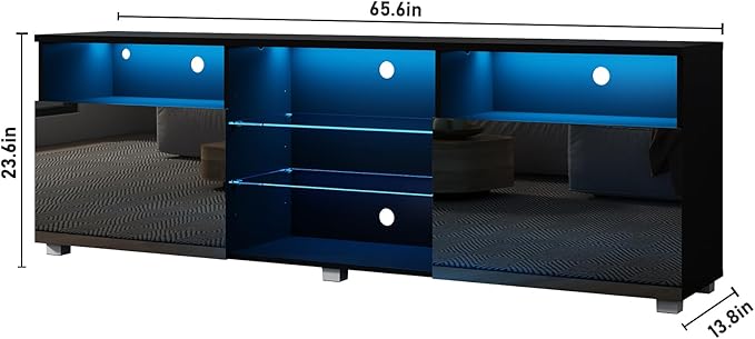 SUSSURRO LED TV Stand for 65/70 inch TV, Television Table Center Media Console with Drawer and Led Lights, High Glossy Modern Entertainment Center for Living Game Room Bedroom, Black