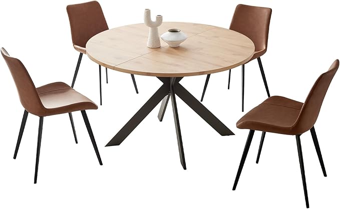46.4" Round Dining Table Set, Mid Century Modern Round Dining Table for 4-6 Person, w/Steel Legs, Coffee Table for Kitchen Dining Room, Office, Save Space (1 Table with 4 Brown Chairs)