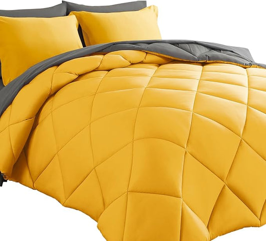 Cosybay Bed in a Bag Queen Reversible Comforter Sets 7pcs All Season Down Alternative Bedding Sets Yellow and Grey with Comforter, Pillow Shams, Flat Sheet, Fitted Sheet and Pillowcase