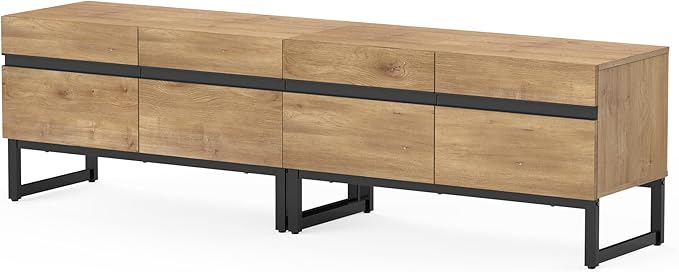 Wampat Modern TV Stand for 75 inch TVs, 2 in 1 Entertainment Center Console with Storage Cabinets, Oak Metal Base for Living Room