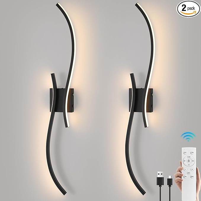 Battery Operated Wall Sconce Set of 2, 18000mAh Black Rechargeable Wall Lights with Remote Control,3000K-6000K Dimmable LED Wireless Wall Light for Living Room Bedroom Hallway,39.3 Inch (Black)
