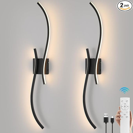 Battery Operated Wall Sconce Set of 2, 18000mAh Black Rechargeable Wall Lights with Remote Control,3000K-6000K Dimmable LED Wireless Wall Light for Living Room Bedroom Hallway,39.3 Inch (Black)