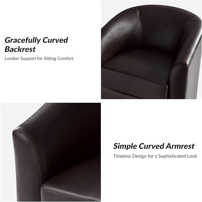 HULALA HOME Faux Leather Swivel Accent Chair with Solid Wood Base, Round Swivel Barrel Chair for Living Room and Bedroom, Brown