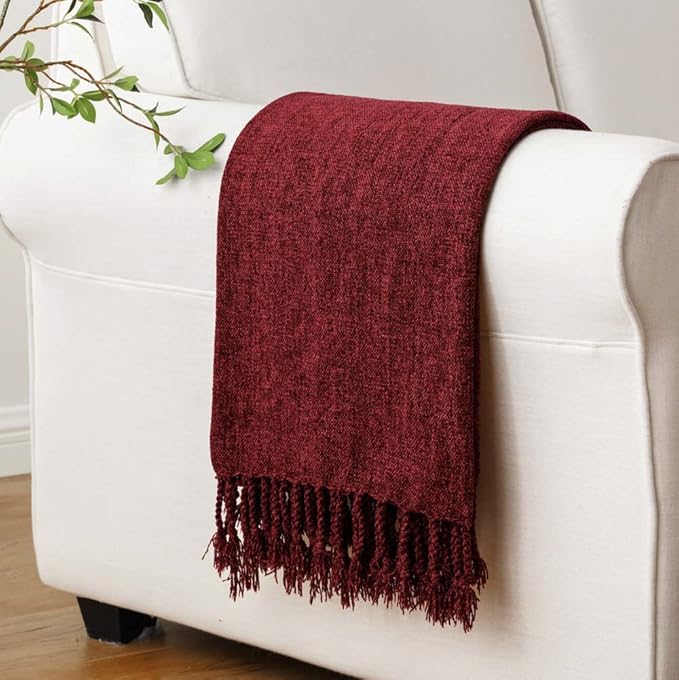 BATTILO HOME Burgundy Chenille Throw Blanket, Decorative Red Knit Throw with Fringe, Lightweight for Christmas Decor, 50"x60"