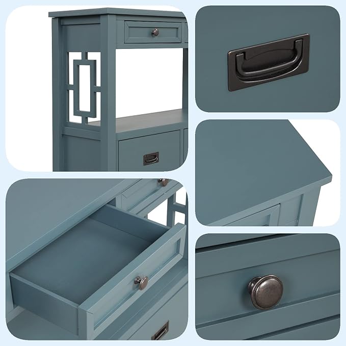 36 Inch Country Farmhouse Console Table with 4 Drawers and 1 Storage Shelf Pine Wood Material for Entryway Entrance Living Room Bedroom Hallway Kitchen (Blue)