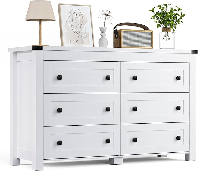 White Dresser for Bedroom with 6 Drawers, Modern Chest of Drawers, Wood Rustic Wide Storage Drawers Dressers Organizer for Closet, Living Room, Hallway