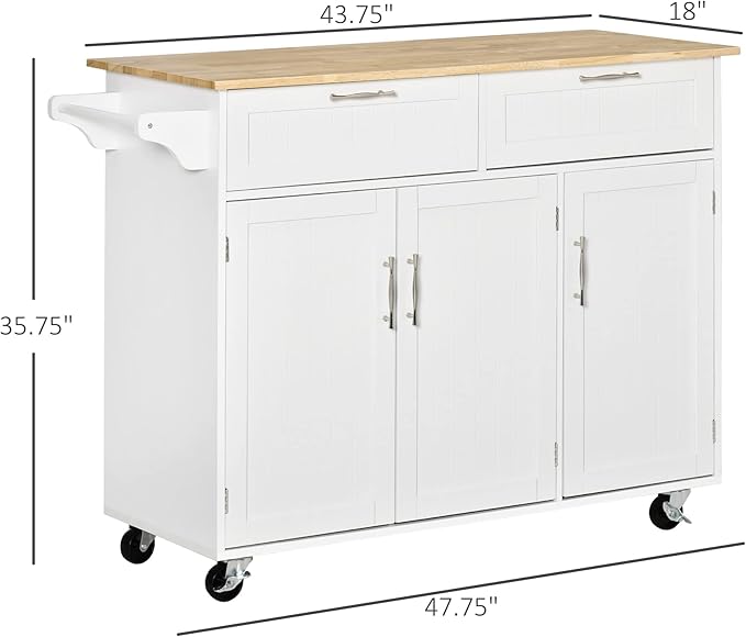 HOMCOM Mobile Kitchen Island with Storage, Kitchen Cart with Wood Top, Storage Drawers, 3-Door Cabinets, Adjustable Shelves and Towel Rack, White