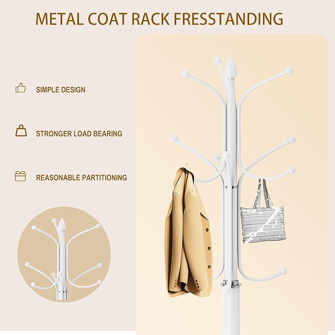 Coat Rack with Natural Marble Base, Metal Modern Coat Racks Freestanding, Coat Rack Stand with 12 Hooks, Coat Tree Hats Hanger Stand for Entryway, Hallway (12 Hooks-White)