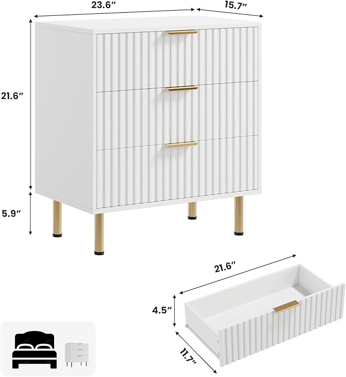 White 3 Drawer Dresser for Bedroom, Fluted Modern Nightstand with Deep Drawers, Chest of Drawers with Wide Top, Wooden Dresser Organizer, Side Table for Living Room, Hallway, Kids Room