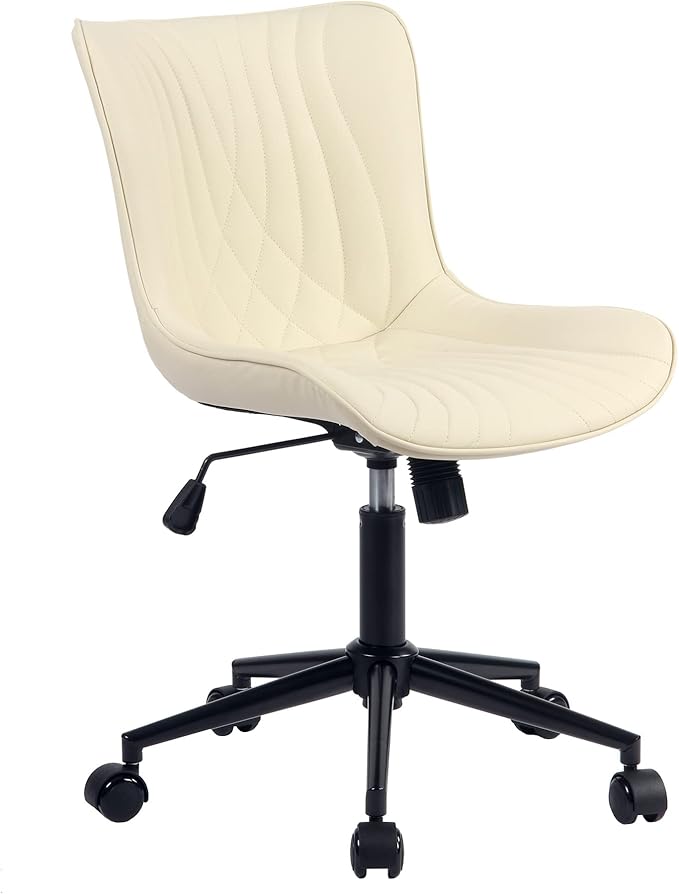 YOUTASTE Office Chair Armless Desk Chair Small Computer Swivel Rolling Chair with Wheels, Modern Upholstered PU Leather Computer Sewing Chair, Adjustable Home Office Desk Chairs, Beige