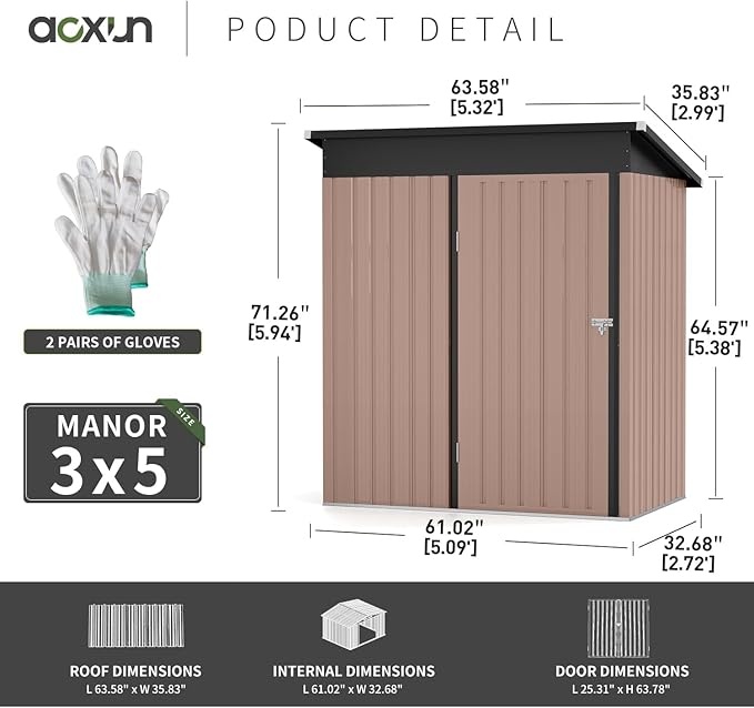 Aoxun 80 CU. FT Outdoor Storage Shed Waterproof Garden Metal Tool Shed, Brown