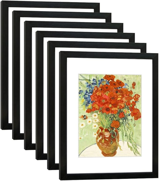 11x14 Picture Frame Set of 6 with Real Glass for Pictures 8x10 with Mat or 11x14 Without Mat, Wall Gallery or Tabletop display Photo Frames in Black