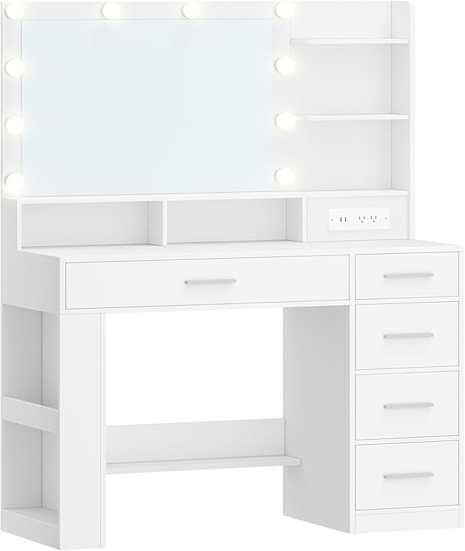 Vanity Desk with Large HD Mirror, Makeup Vanity with Led Lights, Dressing Table with Power Strip, 6 Storage Shelves, 5 Drawers and Side Open Storage, Simple, White