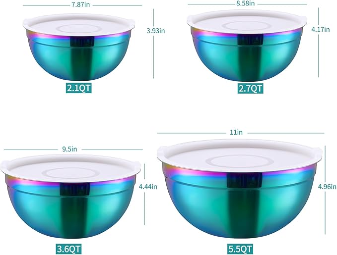 MEADLY Colorful Mixing Salad Bowls With Lids Set of 4, Stainless Steel Nesting Bowl with white Lid,Dishwasher Safe,Home kitchen Mixing Prepping Storing Serving,size of 5.5,3.6,2.1,1.5,Qt