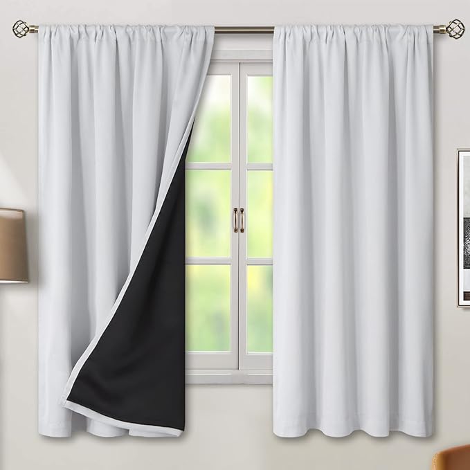 BGment Greyish White 100% Blackout Curtains 63 Inches Long with Noise-reducing Liner, Rod Pocket and Back Tab Double Layer Room Darkening Window Curtains for Bedroom, 2 Panels, Each 42 x 63 Inch