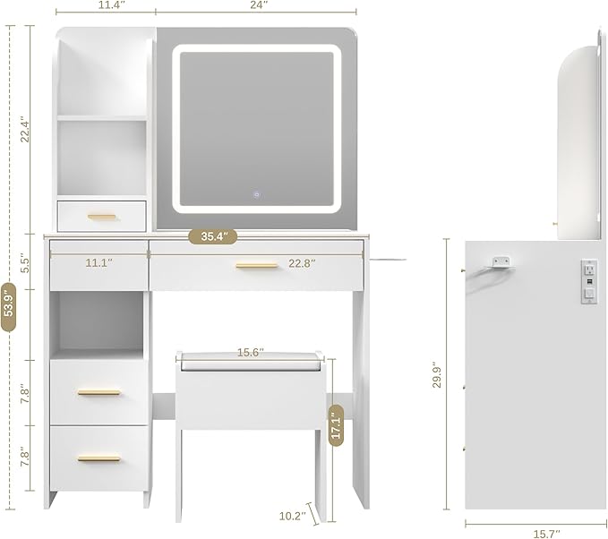 Vanity Desk with Mirror and Lights, 3 Adjustable Lighting Makeup Vanity Desk with 3 Storage Shelves, 5 Large Drawers and Power Outlet, White Vanity with Chair for Bedroom