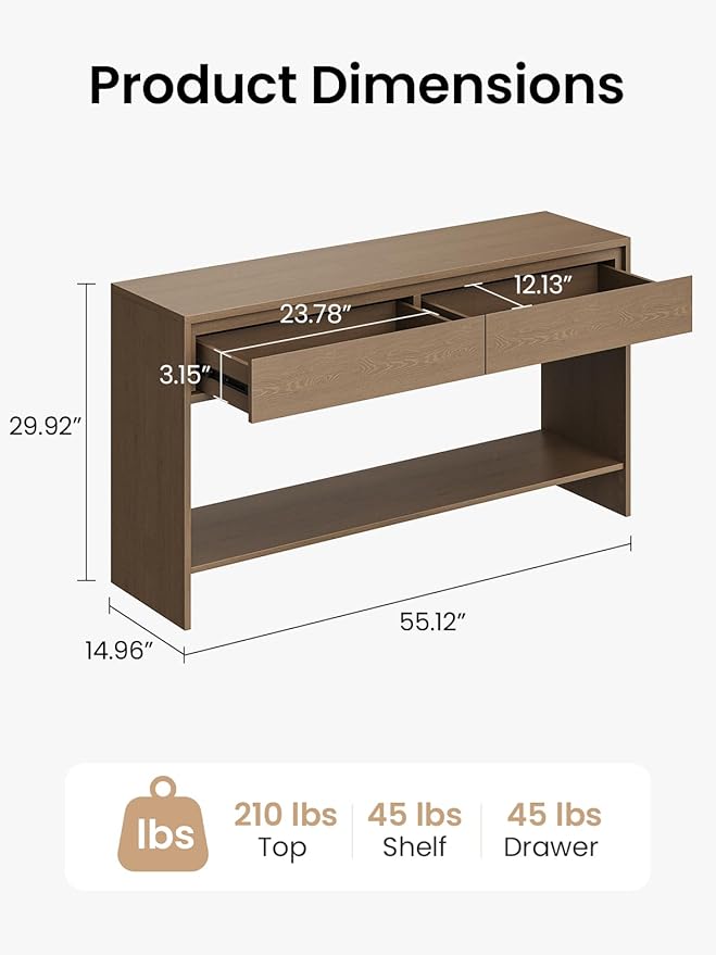 Solid Wood Console Table with Storage Drawers, 55" Sofa Table with Open Shelf, Behind Couch Table Entryway Table for Living Room, Hallway, Entrance, Foyer