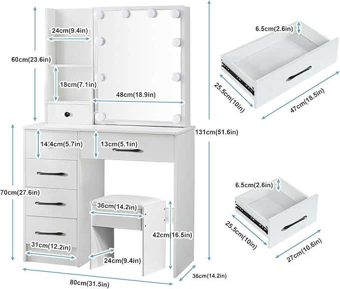 Vanity Desk with Mirror and Lights,Small Vanity with 6 Drawers 6 Storage Shelves & 10 LED Bulbs Slide Mirror,3 Lighting Colors Adjustable,White,31.5" L*14.2" W*51.2" H