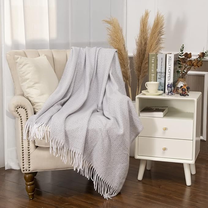 Gealaek Decorative Diamond Lattice Faux Cashmere Throw Blanket Light Grey Fringe Lightweight Fuzzy Soft Cozy Throws for Sofa Bed Farmhouse Throw Blanket 50" x 60"