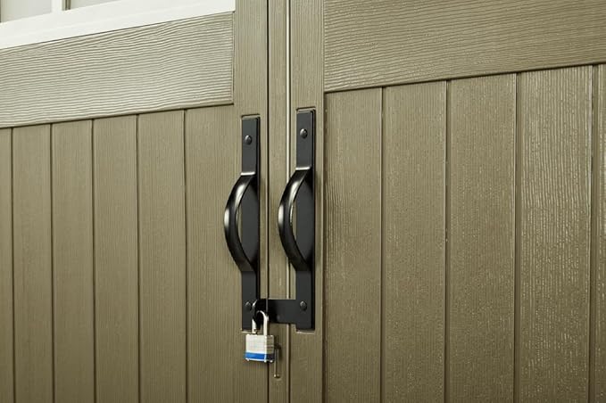 Rubbermaid 7 Foot by 7 Foot Weatherproof Outdoor Storage Shed for Garden Tools and Lawn Machinery Organization with Lockable Double Door Sandstone