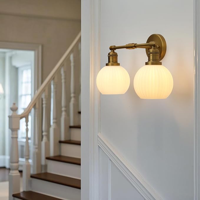 Vintage 2-Lights Wall Sconce with Milk White Glass Globe Shade, Hardwired Indoor Wall Light Fixture for Bathroom Vanity Living Room Bedroom