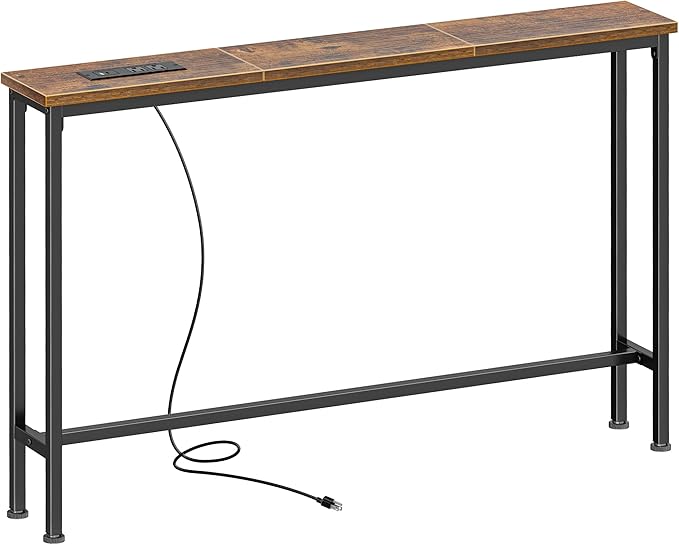 SUPERJARE 5.9 Inch Console Table with Outlet, Sofa Table, Beehind Couch Table, 5.9 x 39.4 x 29.1 Inches, Metal Frame, for Living Room, Hallway, Rustic Brown