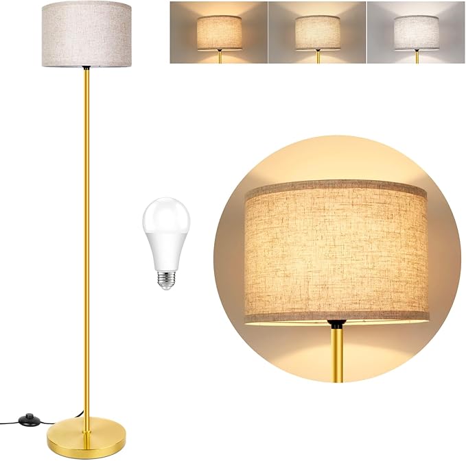 65‘’ Gold Floor Lamp with 3-Color Temperatures LED Bulb, Modern Industrial Tall light for Living Room, Minimalist Standing Lamp with Foot Switch, Gold Stand Lamp for Bedroom Office Nursery, E26 Base
