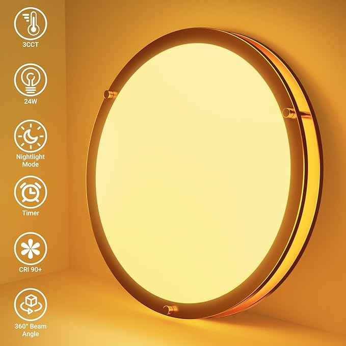 libtit 13 Inch LED Ceiling Lights with Remote for Bedroom Kitchen, 24W 2400lm Super Bright & Dimmable Flush Mount Light Fixtures, 2700K-6500K Adjustable Modern Lamps with Timer, Gold, 2Pack