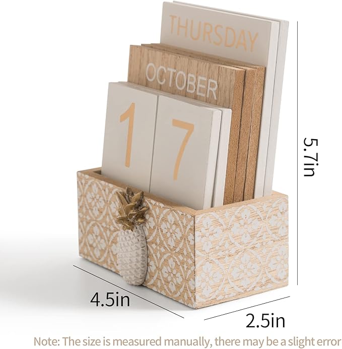Block Calendar for Desk, Wood Desk Perpetual Calendar, Gift Daily Desktop Vintage Wooden Blocks for Home Farmhouse Office Aesthetic Decor Rustic Decoration Brown Pineapple