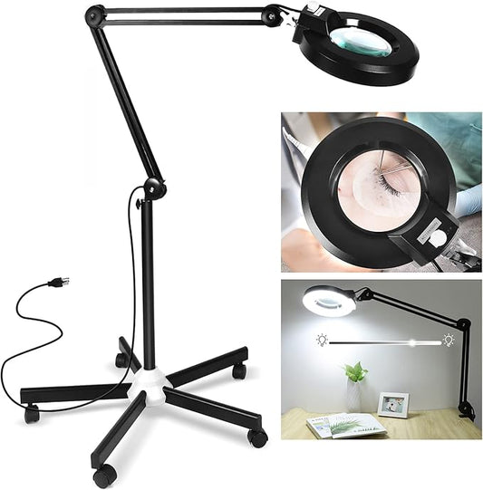 LANCOSC 8X Magnifying Glass with Light and Stand, Floor Lamp with 5-Wheel Rolling Base for Facials Lash Estheticians, 1,500 Lumens Dimmable LED Lighted Magnifier for Reading Sewing Crafts - Black