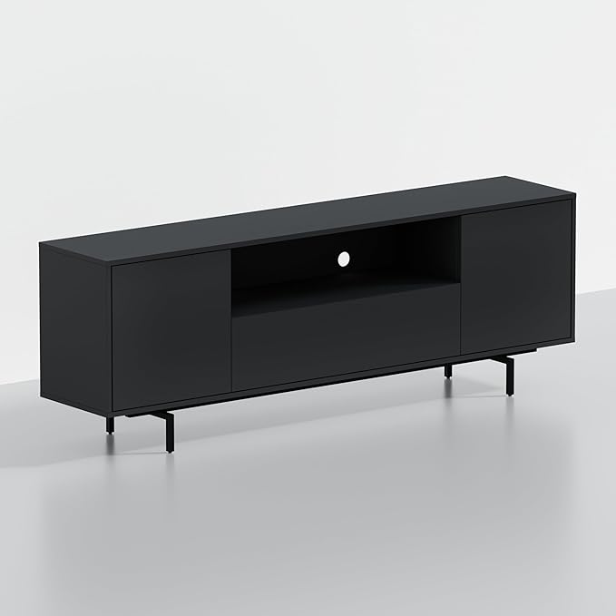 Norrhaus 75-Inch Modern TV Stand – Black Finish, 26-Inch Height, No Tools Assembly Technology, Storage Cabinets with Center Channel Speaker Shelf, Mid-Century Modern Design