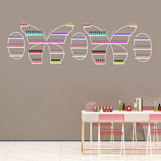 Nail Polish Rack, 5PCS Butterfly-shaped Nail Polish Storage Rack Wall-mounted Metal Essential Oil Display Organizer Stand Holder for Home Spa Nail Salon Shop (White)