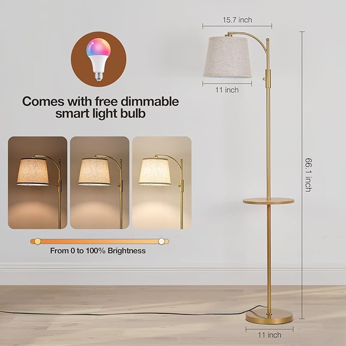 AIDENOEY Smart Floor Lamp with Side Table | Stepless Dimming, RGB Multi-Color | Adjustable Swivel Head | Voice Control with Alexa & Google Assistant |Golden Lamp for Living Room,Bedroom,Home Office