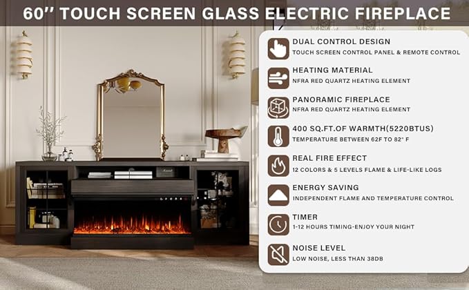 CharaVector 3-Sided Farmhouse TV Stand for TVs up to 75'', Modern TV Console with Glass Door Storage Cabinet, 60'' Large TV Stands for 30''Fireplace, Brown (ONLY TV Stand)