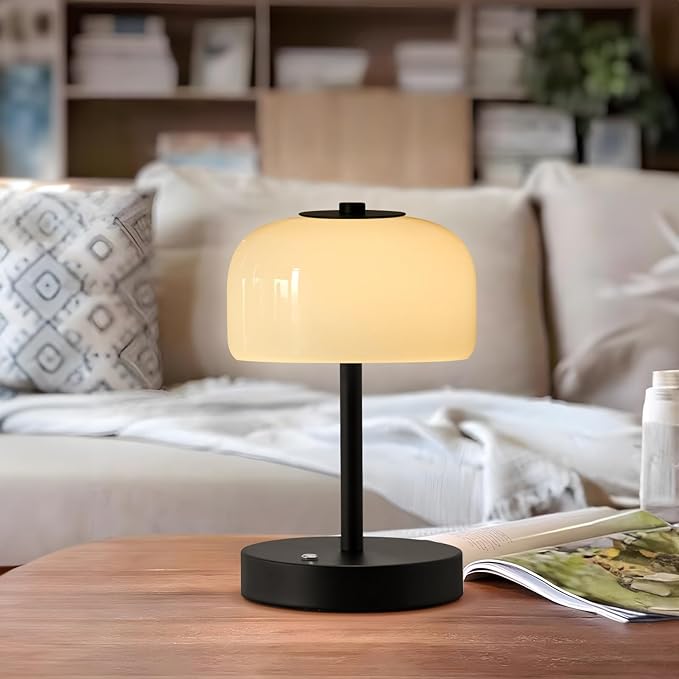 PORTRES RGB Cordless Touch Table Lamp with 3 Color Temperatures 7 RGB Colors Rechargeable Battery lamp with Pickup Rhythm Light Glass Lamp Shade for Bedroom Outdoor Patio Restaurant Camping Black