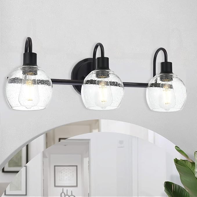 Modern 3-Lights Black Vanity Light Fixtures Farmhouse Metal Bathroom Lighting with Seeded Globe Glass for Hallway Kitchen Over Mirror Bedroom