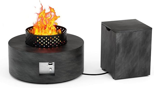 2-Piece 30" Round Propane Fire Pit for Outside Patio with Hidden Tank Table, 50,000 BTU Fireplaces with Wind Guard, Lid, Glass Rocks, Cover(Wood Grain Ebony)