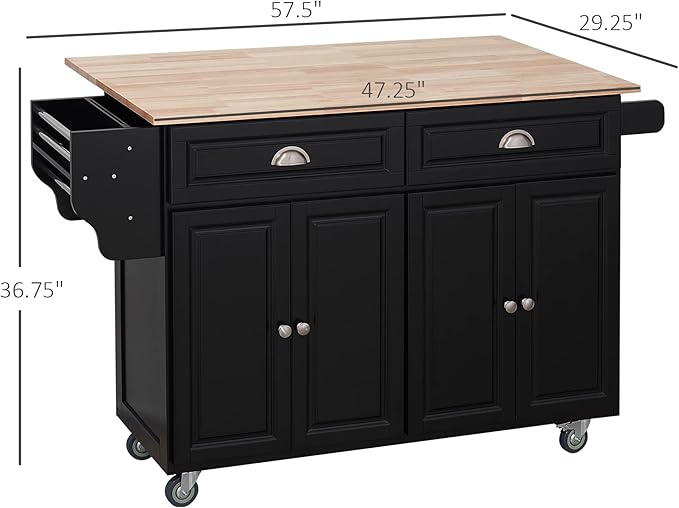 HOMCOM Rolling Kitchen Island Cart with Drop Leaf, Kitchen Cart on Wheels with Rubber Wood Top, 2 Drawers and 2 Storage Cabinets, Island Table for Kitchen, Dining Room, Black