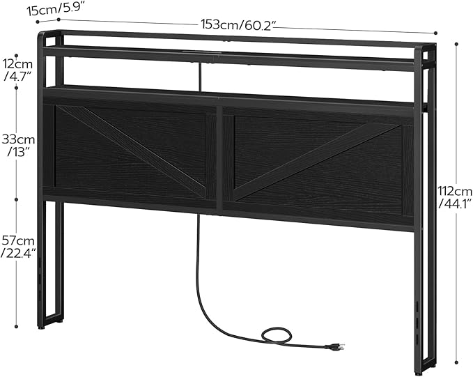 HOOBRO Headboard Queen Size, Headboard with Charging Station and LED Light Strip, 2-Tier Queen Storage Headboard with Outlets and USB Ports, Industrial Style, for Queen Size Beds, Black