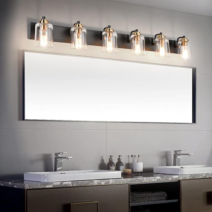 SOLFART Bathroom Vanity Light Black and Brass Bathroom Light fixtures Durable Glass Globe Vintage Stylish Lighting 6 Lights(8580)